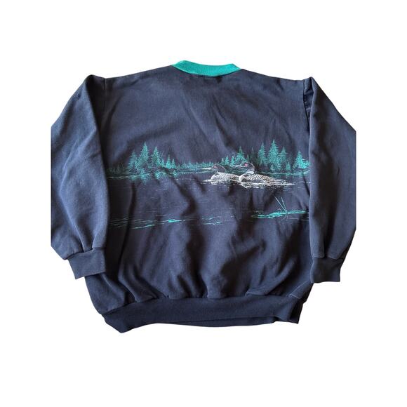 VTG Art Unlimited Sportswear USA Made Loon Black Pocketed 1/4 Button XL Crewneck - Picture 2 of 8